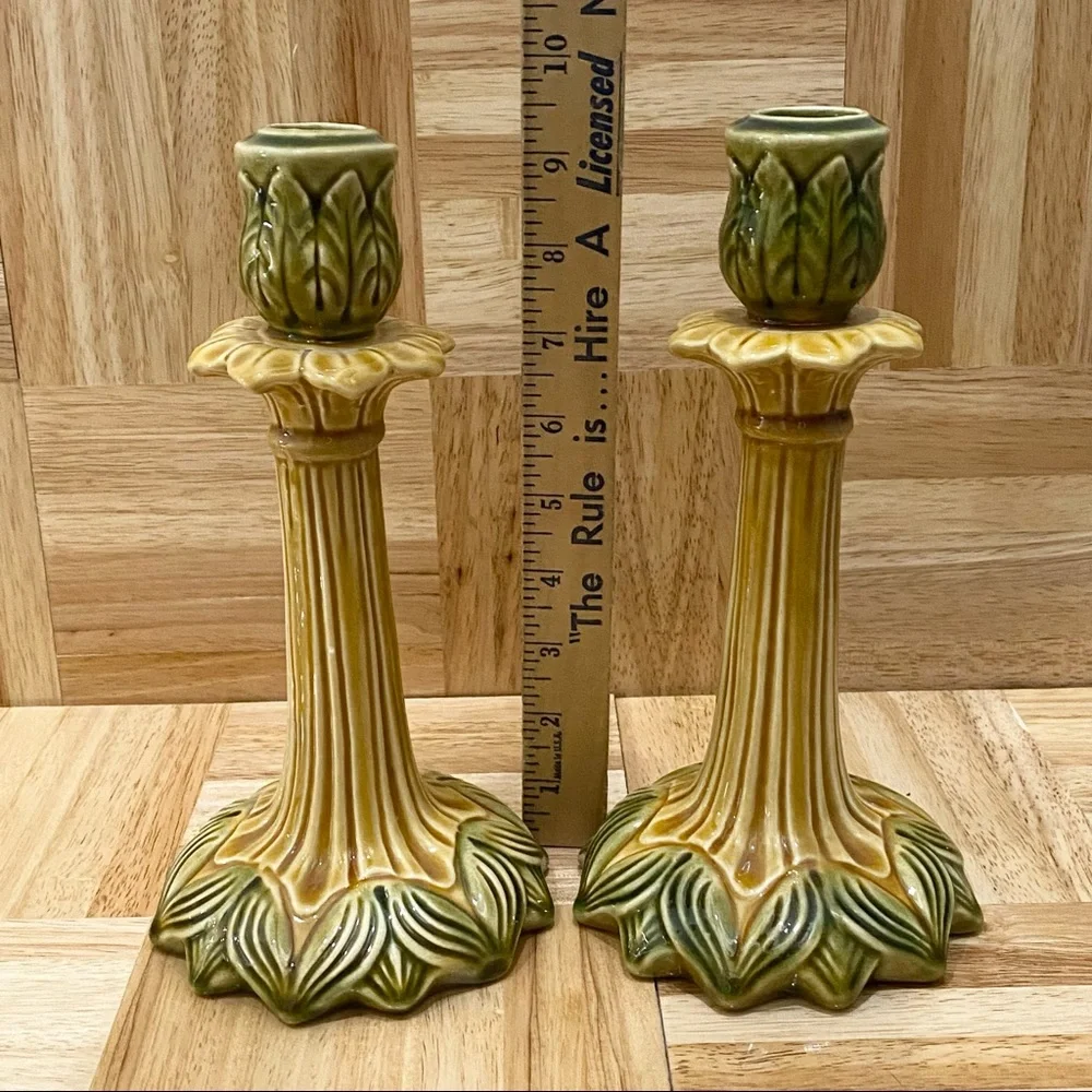 Pair of Sur La Table Portugal Ceramic Glazed Leaf Flower Candle Stick Holder